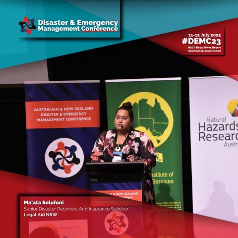 Ma’ata Solofoni senior solicitor  presents at the the Australia and New Zealand  Disaster and Emergency Management Conference